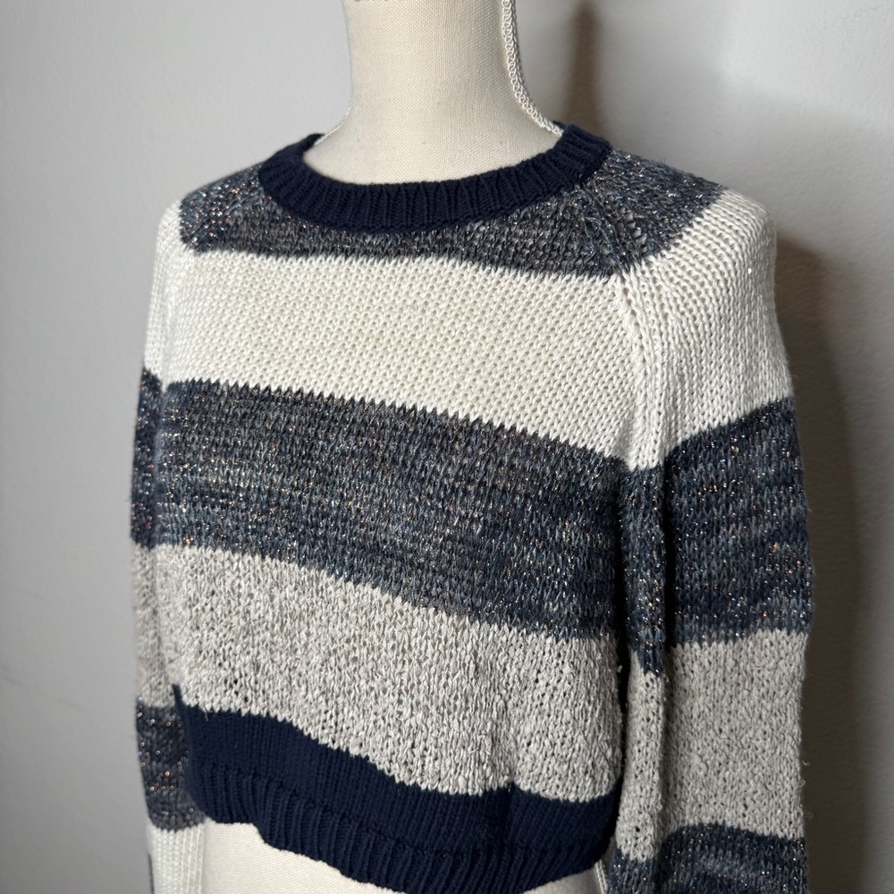 Brunello Cucinelli Cropped Striped Sweater Blue White Metallic Knit Size S - Picture 2 of 9